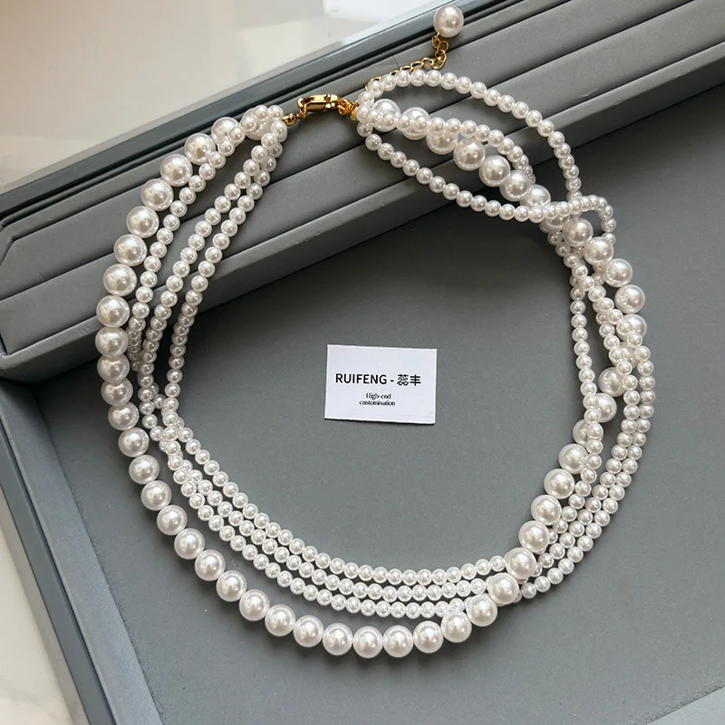 Luxury 4-Layer Multi-strand Faux Pearl Necklace, Oversized Pearl Sweater Chain, Niche Elegant Evening Choker for Women