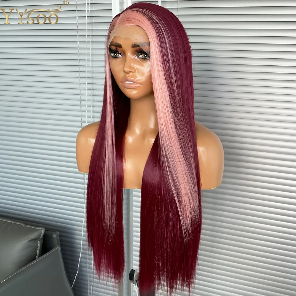 Long Silky Straight 13x4 Futura Synthetic Lace Front Wig Pink/Burgundy Natural Hairline Glueless Half Hand Tied Wigs for Women