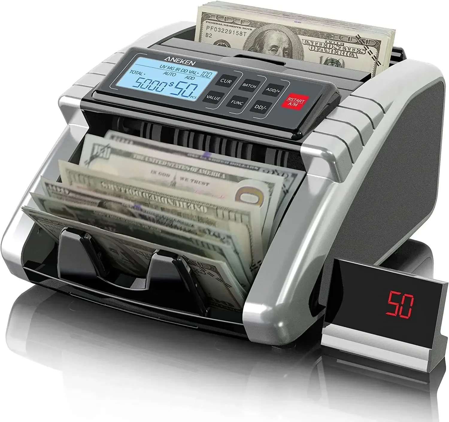 

Money Counter with Value Count, UV/MG/IR/DD/DBL/HLF/CHN Detection, Add/Batch Modes, LCD Display