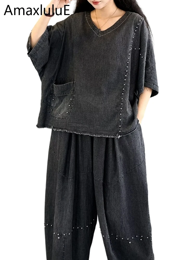 

Amax LuluE Womens Rivet Big Size Denim Suits Vintage 2 Pieces Sets Leisure Tops Tees Classic Jeans Loose Pants Fashion Outfits