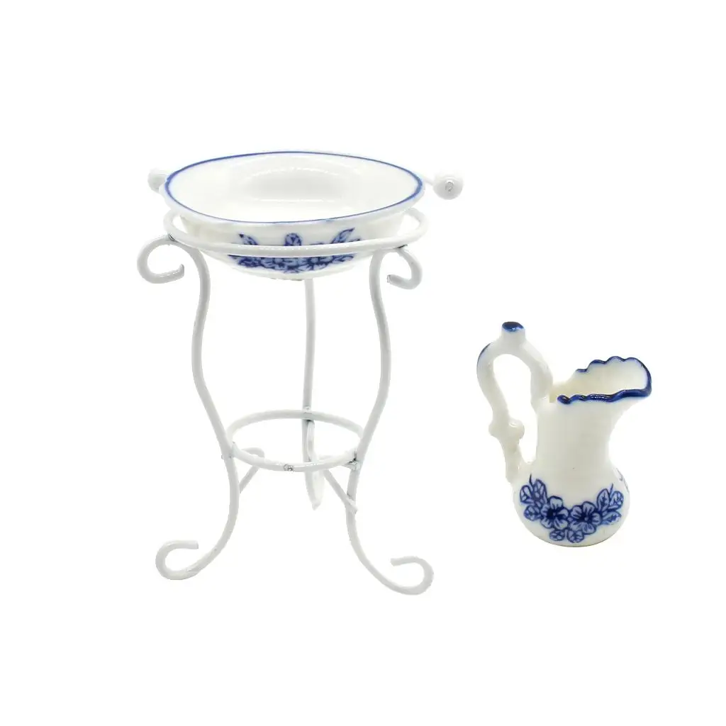 1/12 Dollhouse Miniature Porcelain Water Pot Washbasin & Metal Rack Set Toy