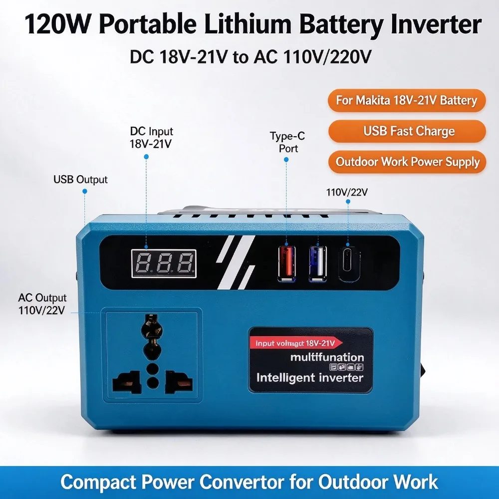 120W Portable Lithium Battery Inverter For Makita 18V-21V Lithium Battery DC 18-21V to AC 110V/220V Power Inverter Outdoor Work