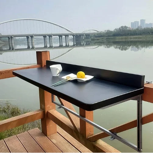 Wall-Mounted Wood Side Table Balcony Table Hanging Railing Folding Deck Adjustable Balcony Bar Table For Patio Garden Holder