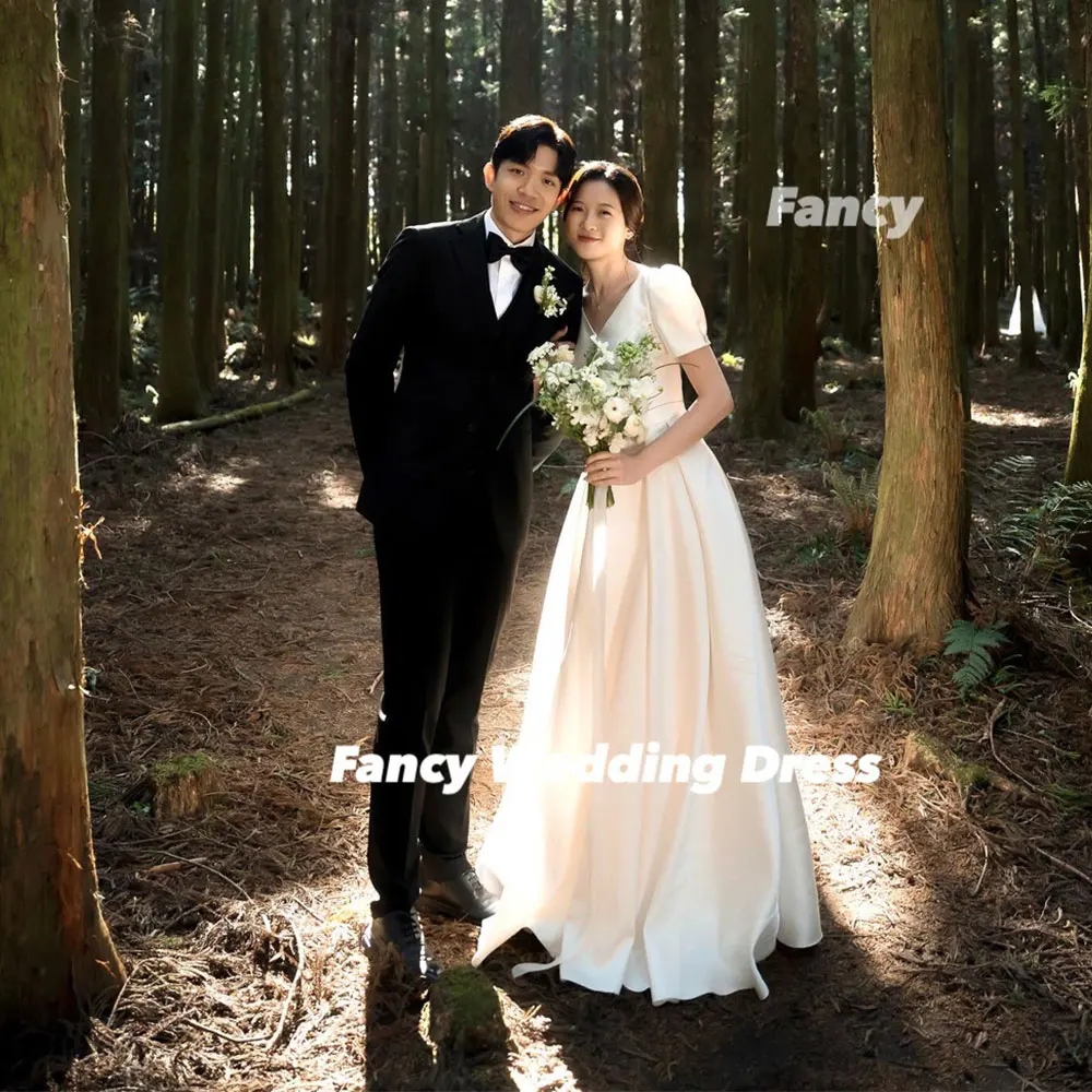 Fancy Simple V Neck Korea Wedding Dress Photo Shoot A Line Soft Satin Evening Dress Back Corset Customized