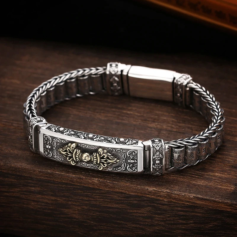 QN Silver Bracelet Men\'s Personality Style Retro Creative Hand-woven Six-character Mantra Barrel Bead Chain For Boyfriend Gift