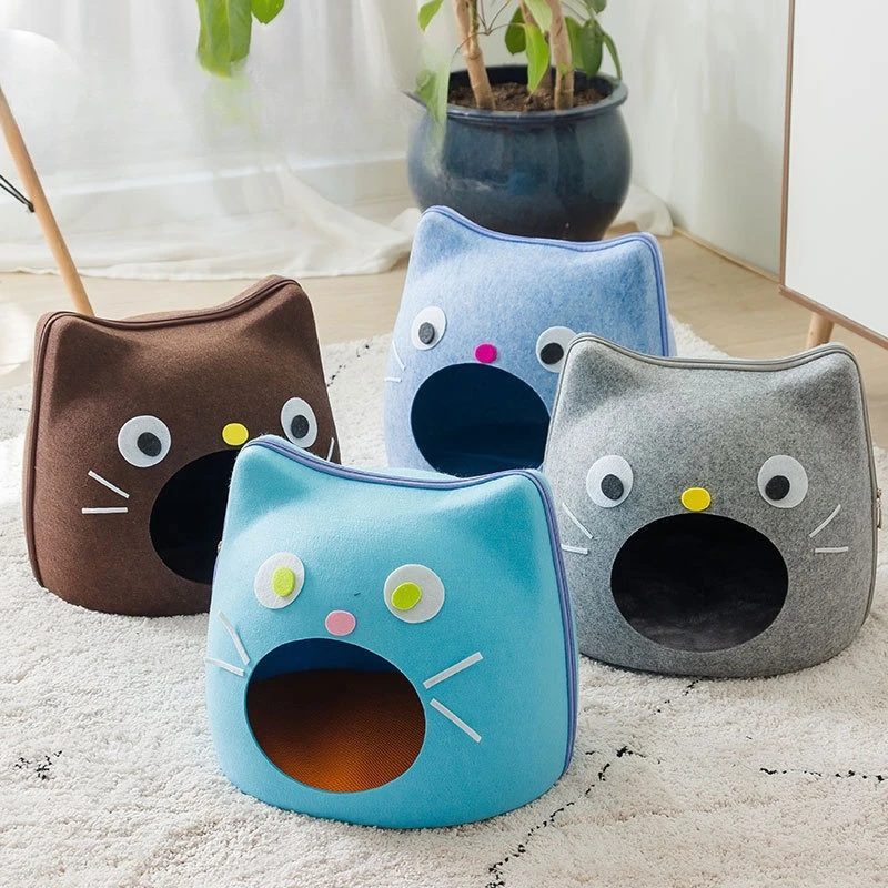 

Cute Felt Cat Shape Bed Cats Semi Enclosed House for Cats Cartoon Sturdy and Non Collapsing Puppy Kitten Bed Pet Supplies Gifts