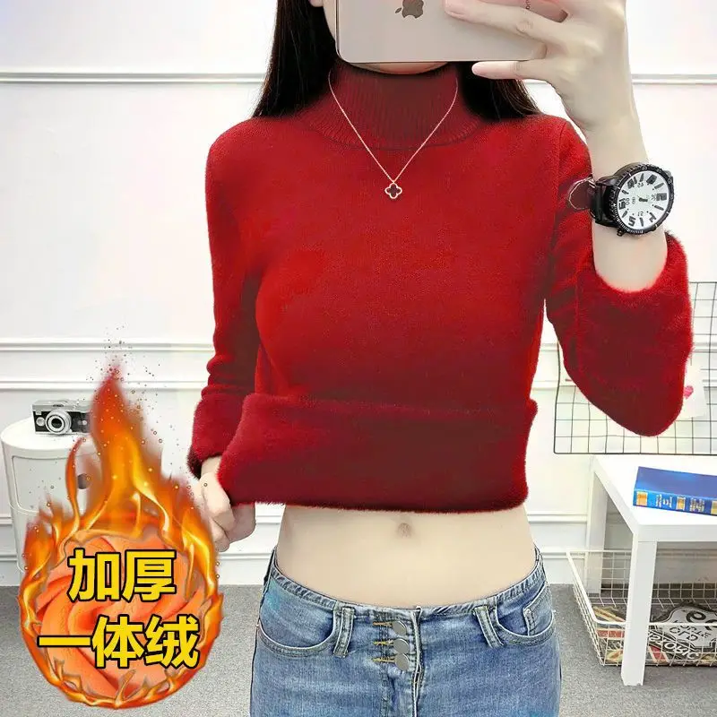 

Turtleneck Winter Sweater Women Elegant Thicken Velvet Lined Warm Sueter Knitted Pullover Slim Tops Knitwear Jumper New A42