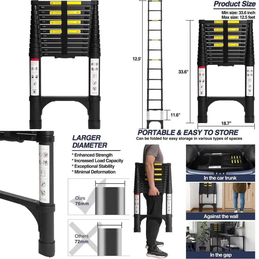 

Aluminum Telescoping Ladder 12.5 Feet, Lightweight Collapsible Extension, Multi-Purpose, 2 Triangle Stabilizers, Heavy Duty, Sui