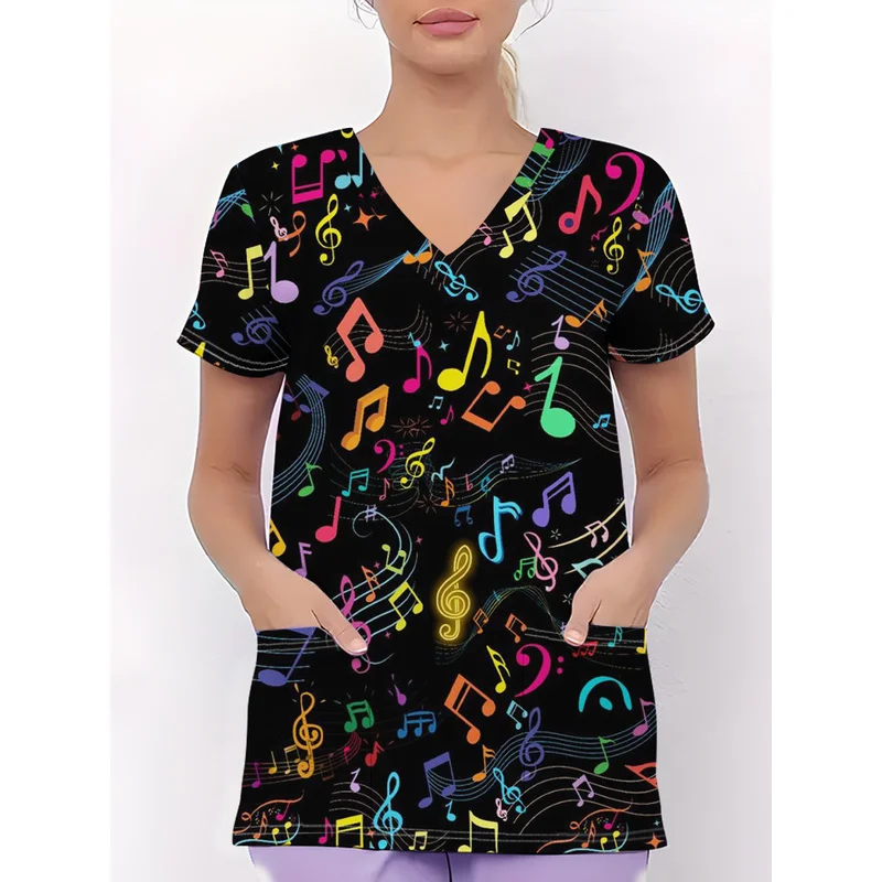 Women's FashionVShort-sleeved nursing uniform with pockets，Lively and vivid cartoon elements，Breathable, casual, and elegant sty