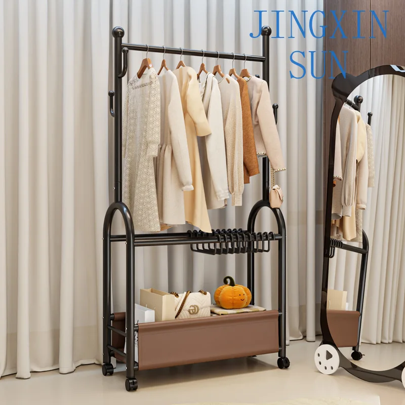 Chinese style floor coat rack metal double-layer storage hanger with wheel mobile drying rack pants