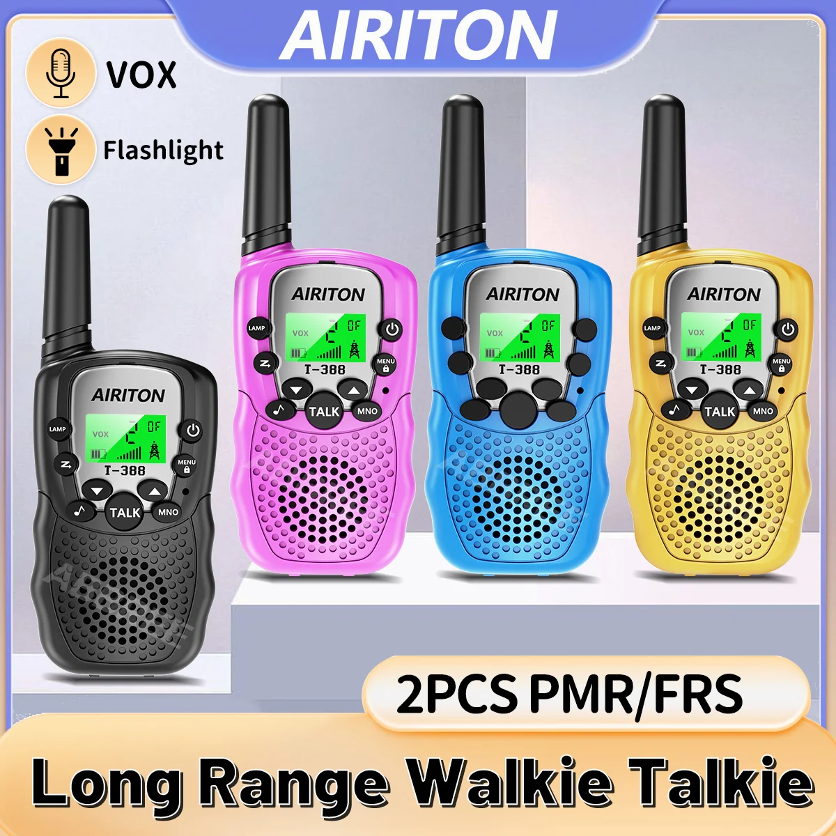 Walkie Talkie AIRITON T-388 para niños, receptor bidireccional de alcance de 3 millas, linterna de Radio electrónica, regalo para niños, 2 uds.