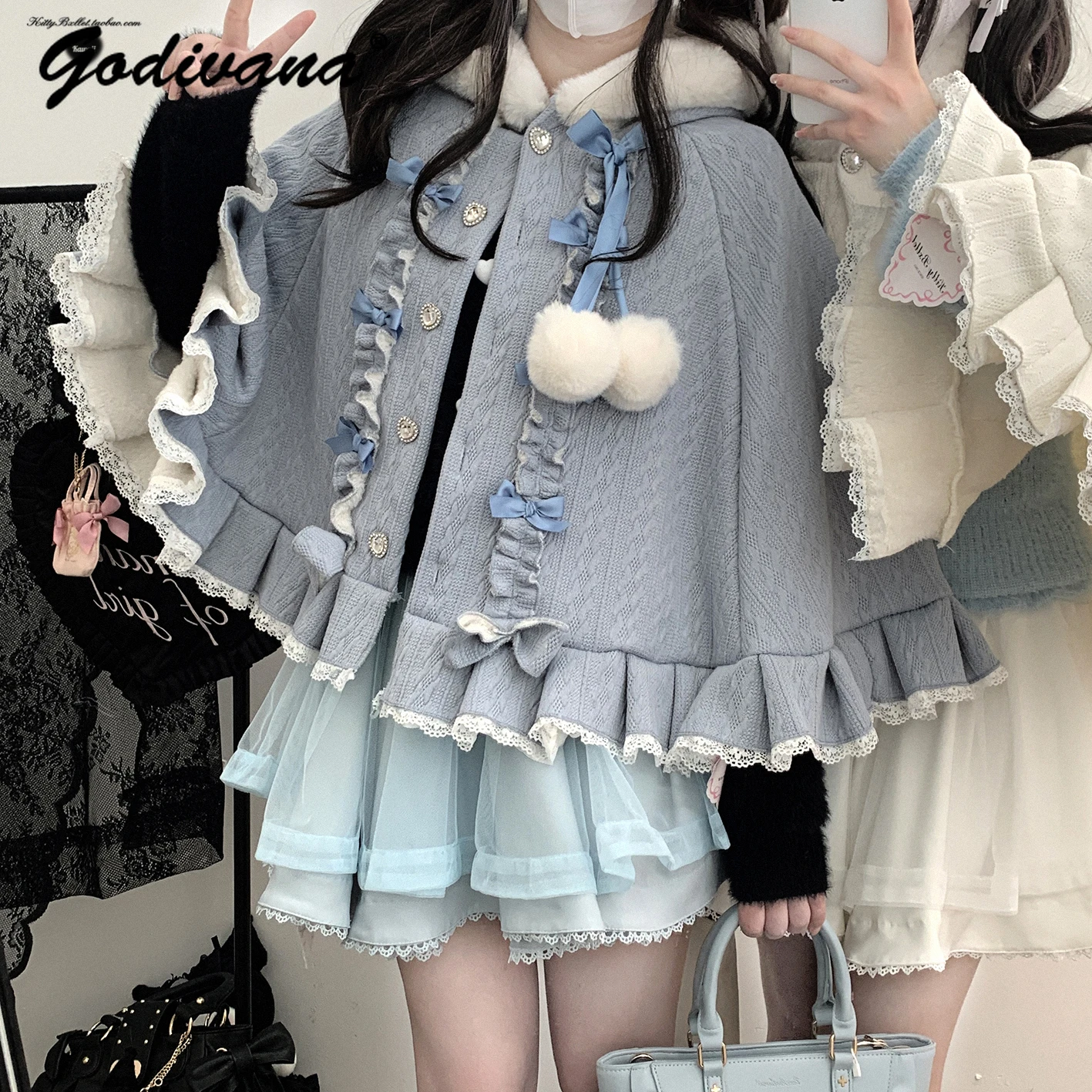 Kawaii Girls Rhinestone Buckle Fleece Cape Poncho Coat New Autumn and Winter Japanese Cute Bow Hooded Velvet Loose Cloak Coat