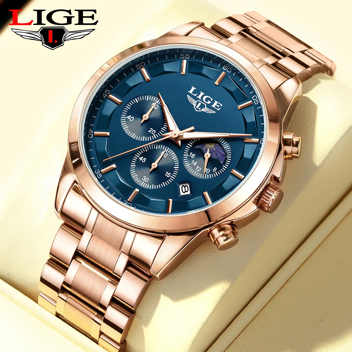 

LIGE Stainless Steel Watch Luxury Waterproof Luminous Quartz Watches Men Fashion Moon Phase Business Chronograph Man Watch+Box