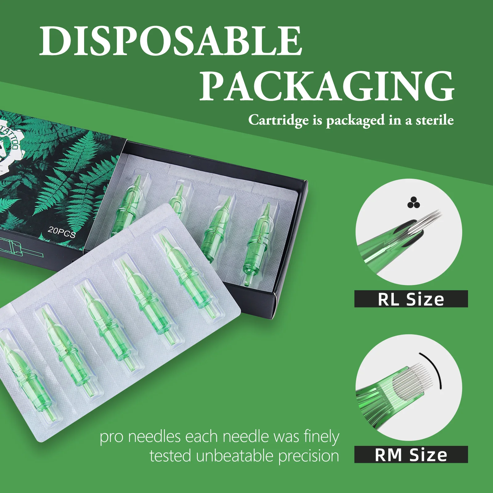 T-REX 20pcsTattoo Cartridge  0.25MM 0.3MM 0.35MM Disposable Sterile Safety Needles RL RM Tattoo Rotary Pen Round Lining