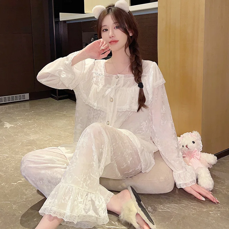 Pajama Set Women\'s Velvet Long Sleeve Lace Sweet Princess Palace Style Sleepwear Home Wear Loose Casual Nightwear Velour Pijama