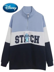 Disney Sweatshirt Stitch Little Monster Cartoon Print Contrast Color Women Long Sleeve STAND Pullover Fleece Sports Jacket Tops