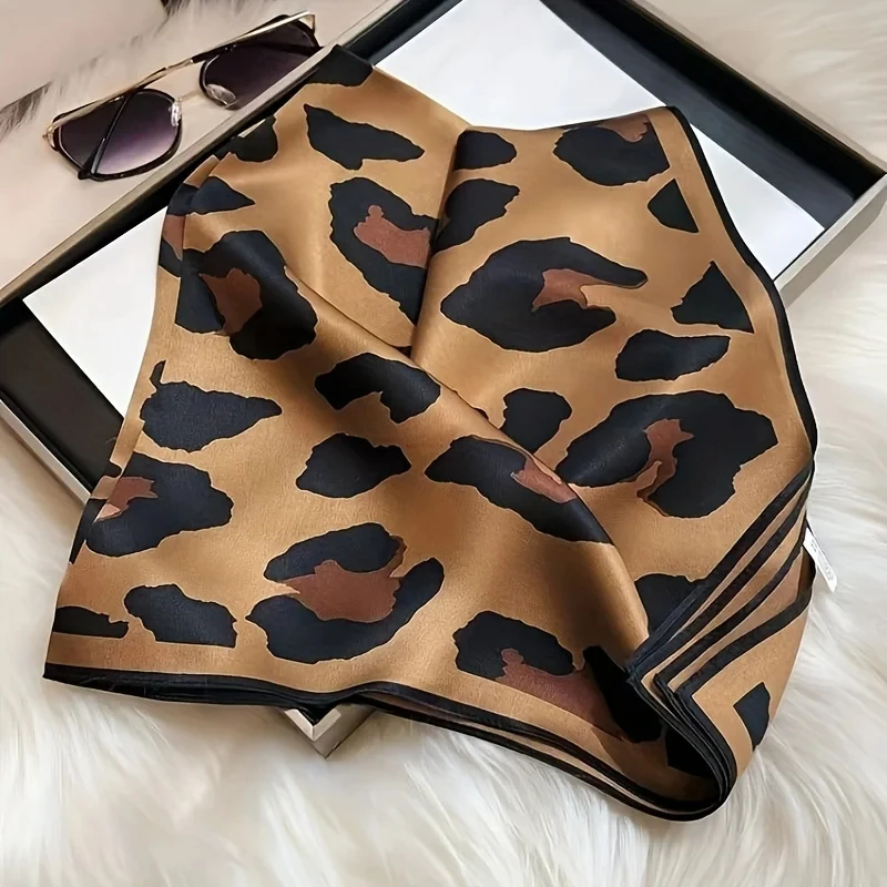 Luxury Brand Women Leopard Print Square Hijab Scarf Soft Satin Silk-like Small Neck Scarf Stylish Casual Headscarf