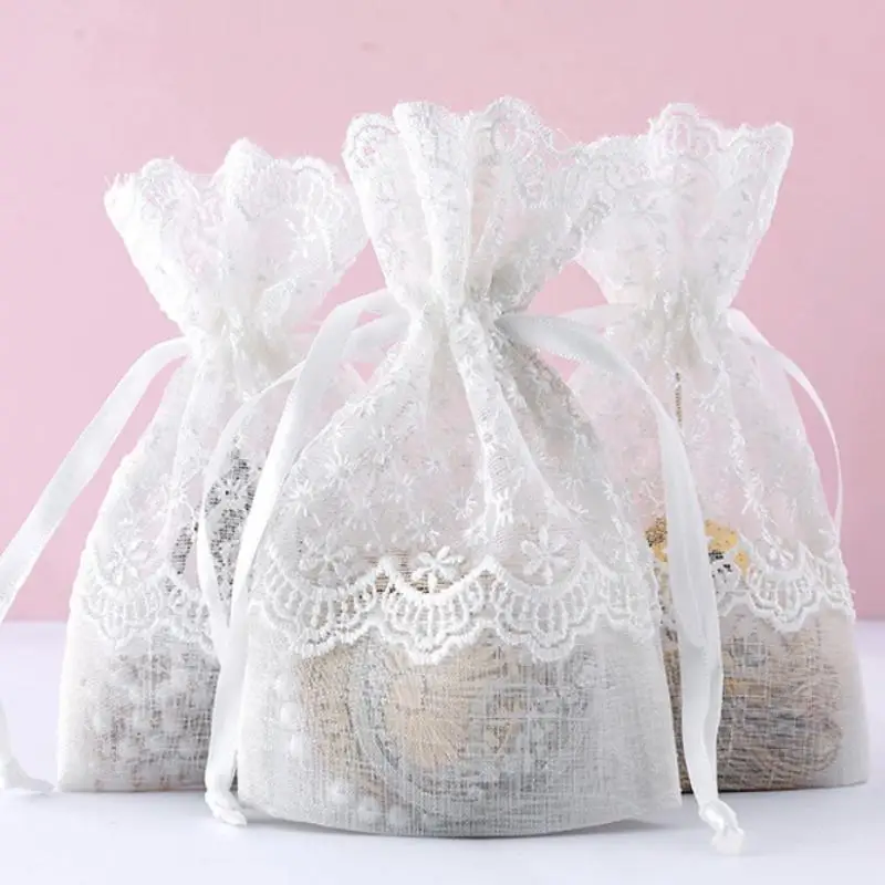 Elegant White Gift Bag for Festival Favors High Quality Gauze Storage and Packing Lace