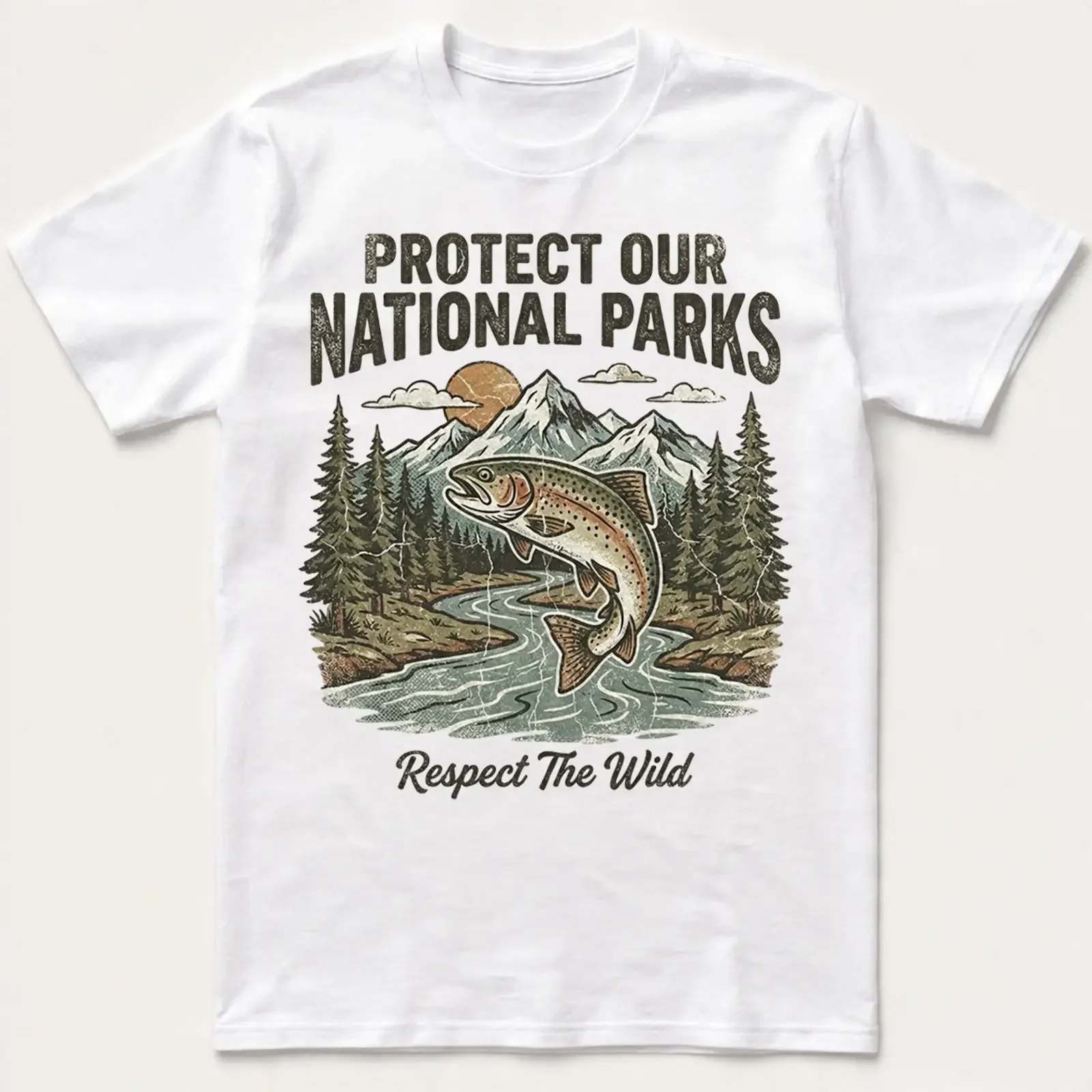 Nationalparks T-Shirt „Schützen wir unsere Wildnis“ – Angeln, Vintage-Waschung, Grafik, Unisex-Designer-Kleidung, stilvoll, leicht