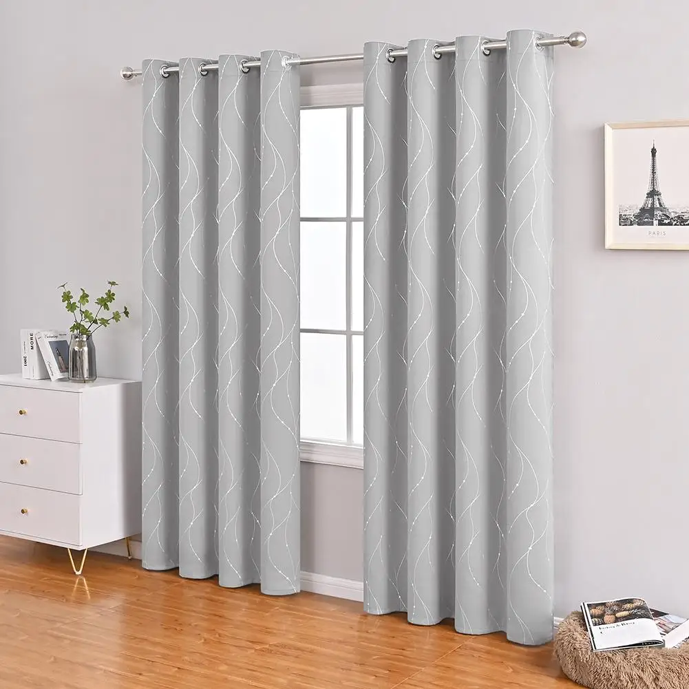 Window Curtains Eyelet Design Silver Foil Printed Insulated Blackout Curtains For Home Living Room Bedroom Study Decoration