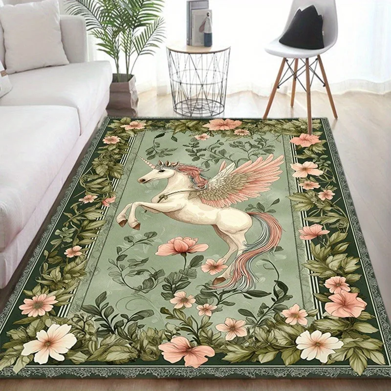 Magic Unicorn Plant Floral Carpet Rugs for Living Room Bedroom Bedside Soft Rug Lounge Non-slip Floor Mat Kitchen Entry Doormat
