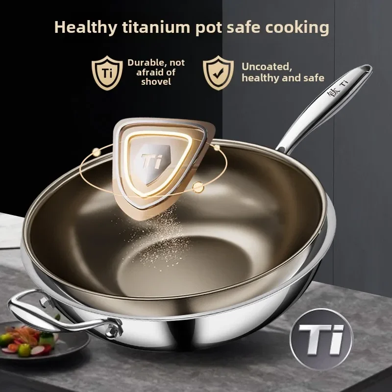 Pure Titanium Wok Pan - Uncoated Non-Stick Frying Pan for Gas & Induction Cooktops - Universal Household Skillet