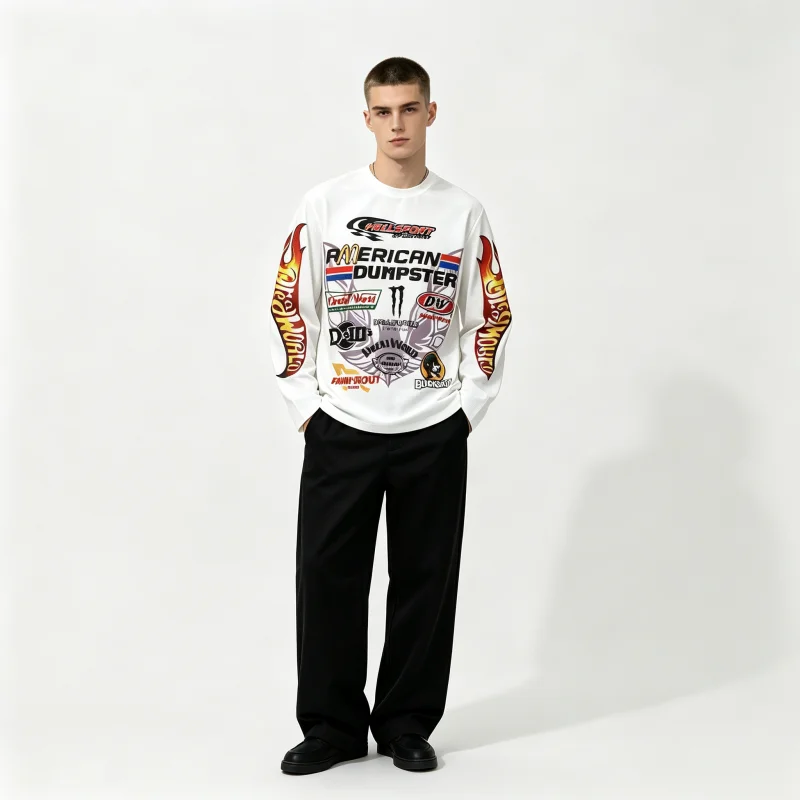 Unisex Y2K racing pattern waffle knit long sleeved T-shirt with retro racing print round neck loose streetwear casual top