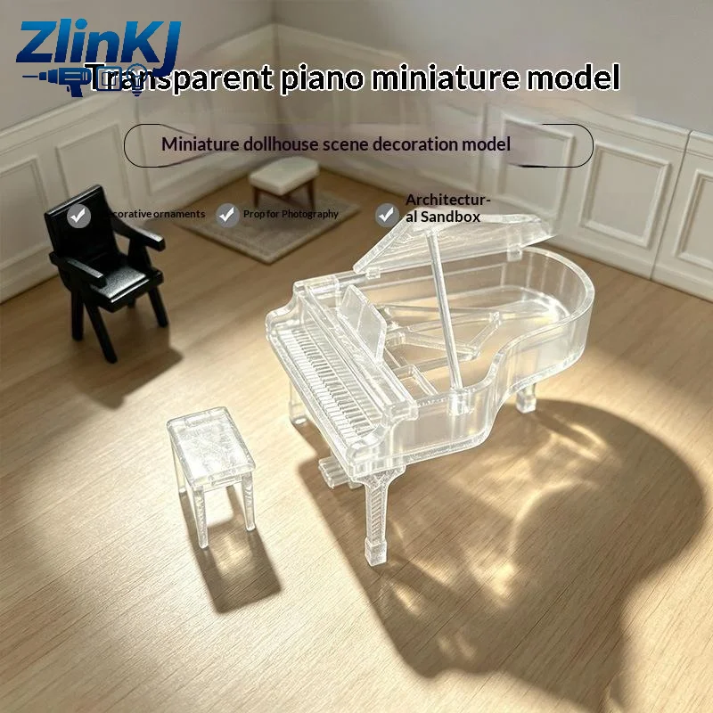 Transparent Miniature Piano Chair Ornament Kit 1/12 Scale Dollhouse Simulation Model for Dollhouse Decoration Gifts