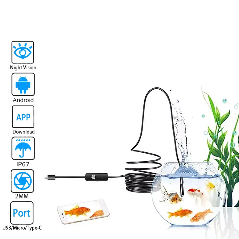 Cámara endoscópica impermeable IP67 de 5mm, de inspección Flexible boroscopio, 6 LED, ajustable, USB, Android, para teléfono y PC