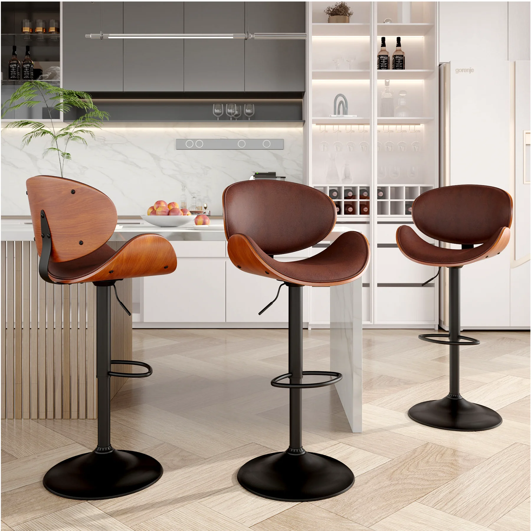 Rotativo Bar Stool Set com encosto e Footstool, PU Couro Almofada, Contra Altura, Bar Chair, Cozinha e Restaurante, 2 pcs