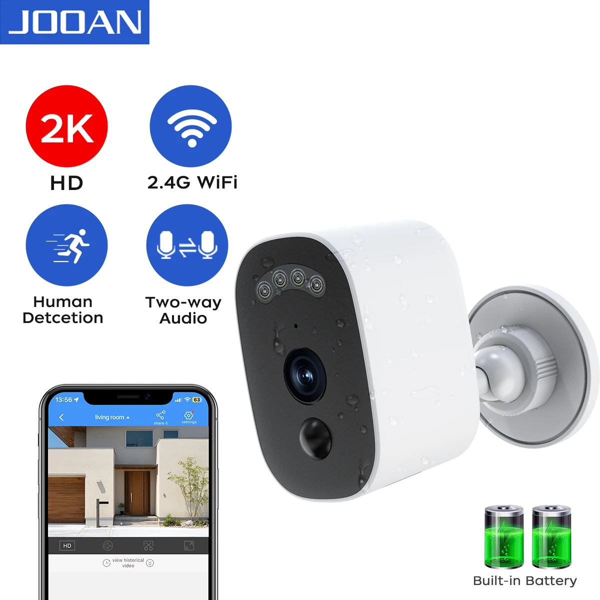 

JOOAN 2K HD IP Camera Outdoor WiFi Surveillance Camera Human Detect CCTV Security Camera Color Night Audio Video Battery Camera