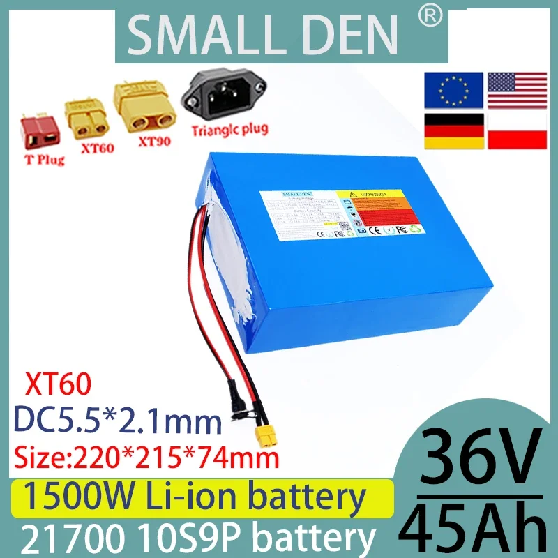 36V 45Ah 21700 10S9P Lithium ion Battery Pack with BMS Same Port 100W 1500W Lithium ion Battery High Power and Large Capacity