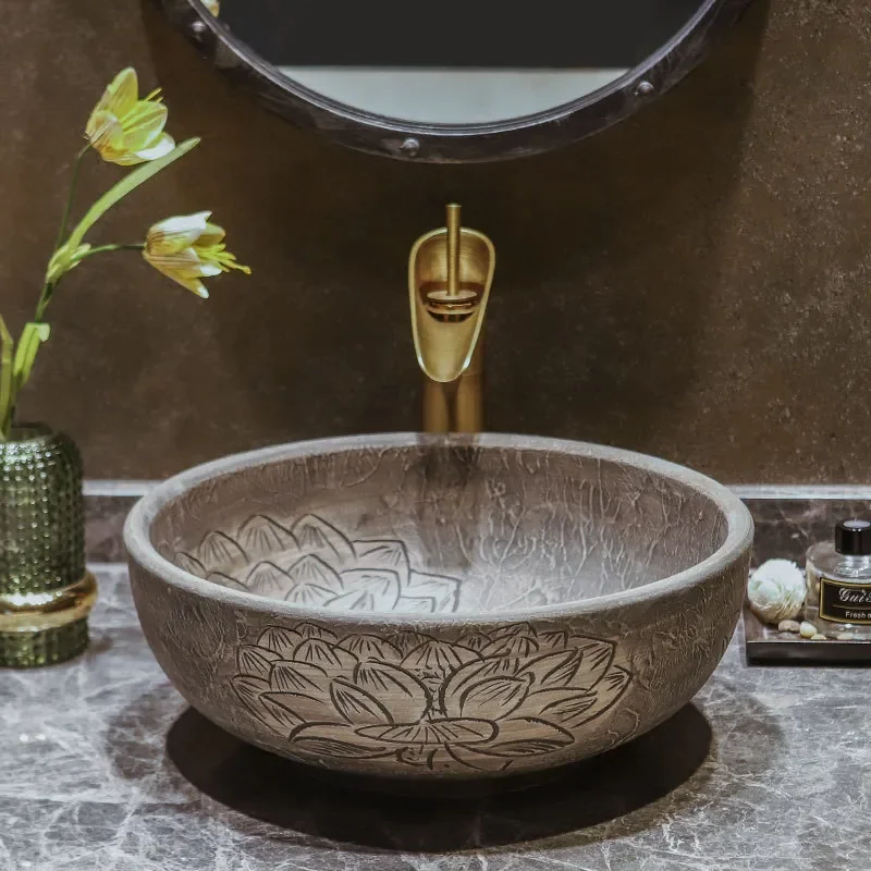 Vintage Round Ceramic Art Basin Antique Style Washbasin for Home Bathroom Sink Decorative Single Bowl