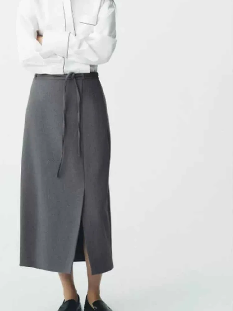 

Осенняя новая мода в европейском и американском стиле, простая повседневная трендовая одежда, универсальная прямая трубка с высокой талией и юбкой с поясом