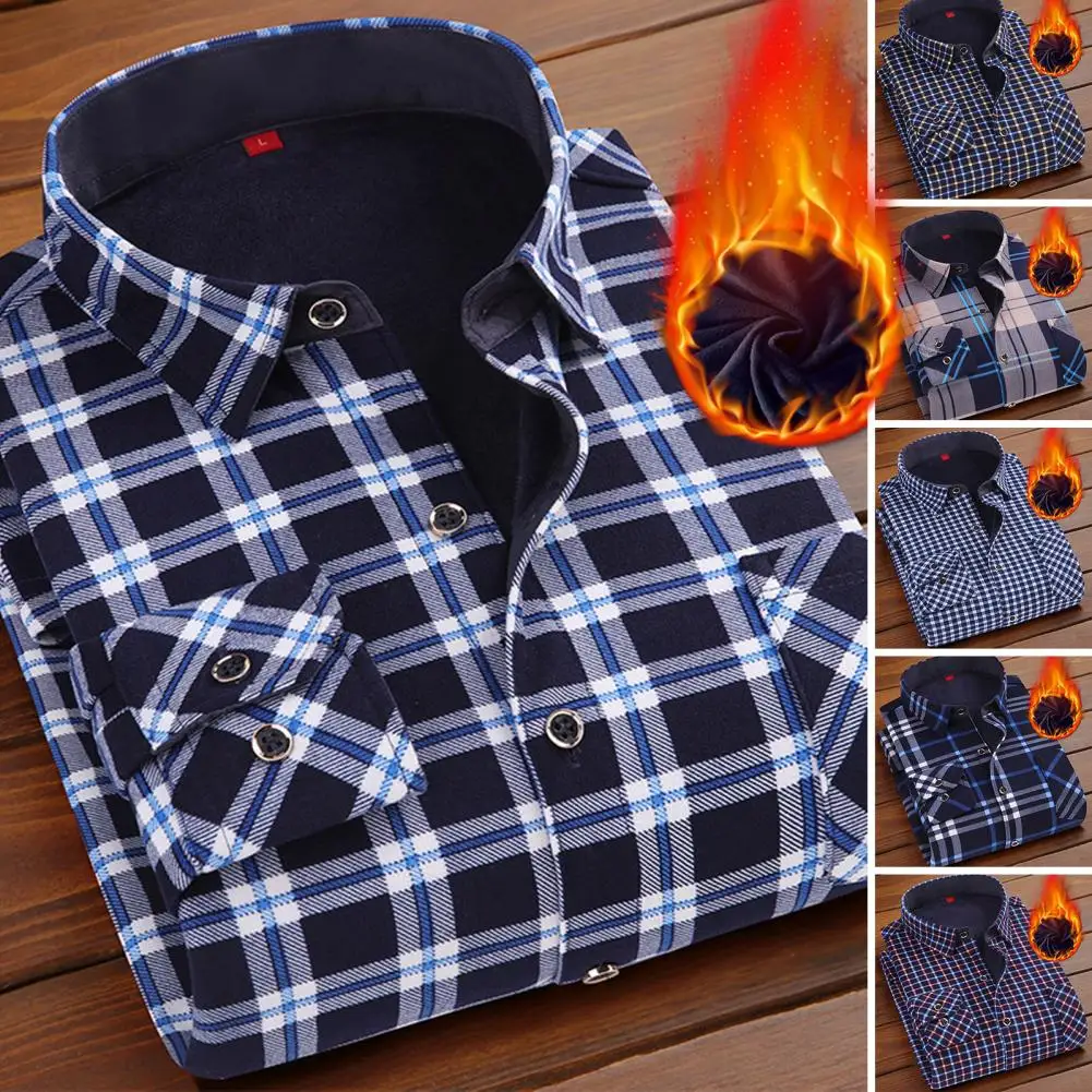 

Autumn and Winter Men Shirt Patch Pocket Casual Long-Sleeved Plaid Shirts Men's Slim Fit Thickened Warm High-Quality Shirts