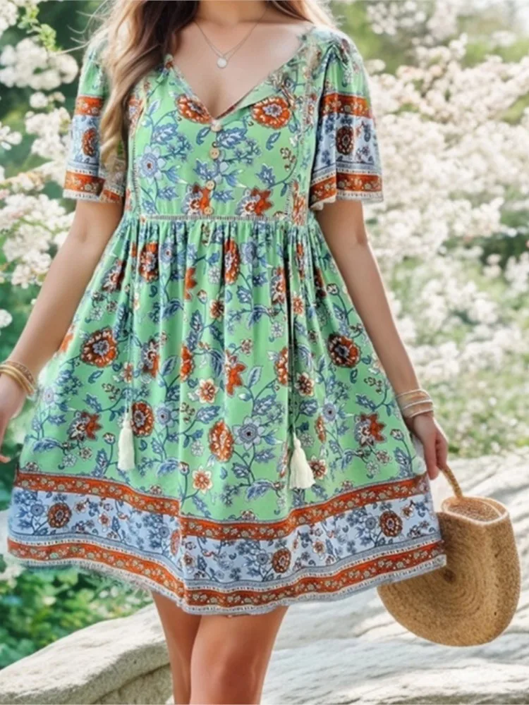 

New Summer Women's Simple Printed Bohemian Beach Mini Dress Fashion V-neck Short-sleeved Lace-up Casual Loose Holiday Dresses