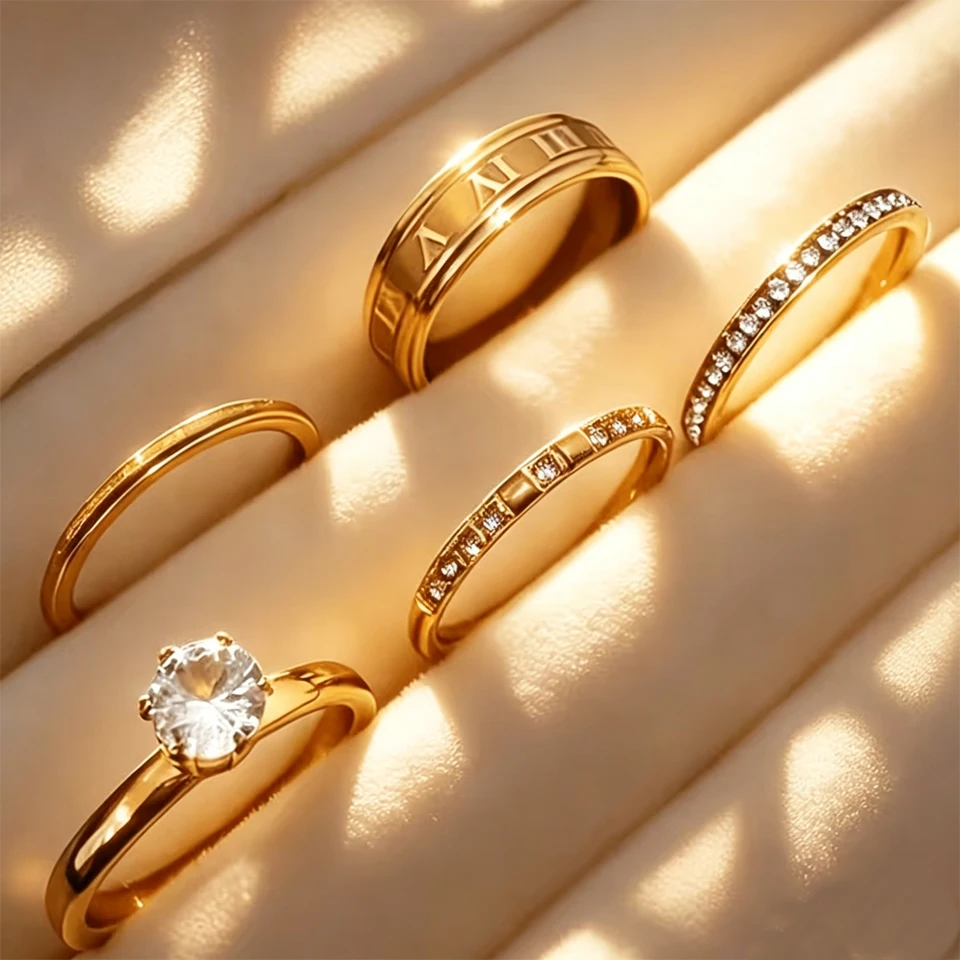 Yupsk 5pcs/set Brilliant Zircon Stainless Steel Stackable Ring for Women Gold Color Waterproof Finger Ring Holiday Jewelry Gifts