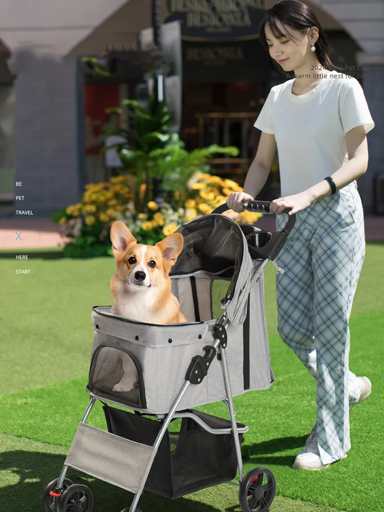 Lightweight Foldable Pet Stroller Easy To Install Dog Stroller Outdoor Small Dog And Cat Stroller With Storage Holder Cup Basket