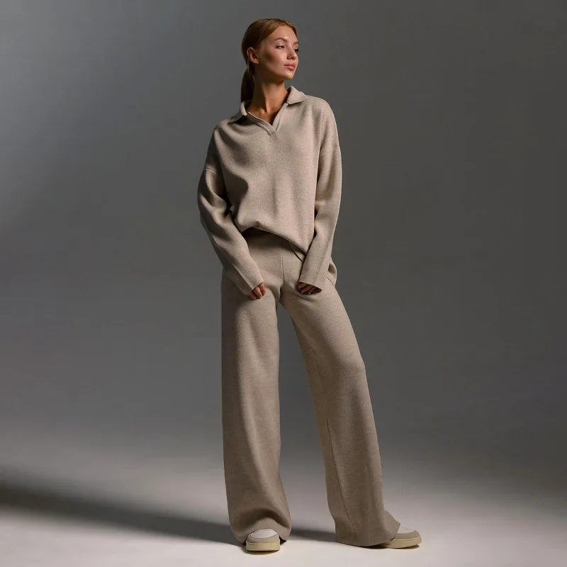Ensemble pantalon large en tricot haut de gamme automne-hiver, ensemble deux pièces décontracté pour femme, pull polo à col rond et pantalon de sport amples