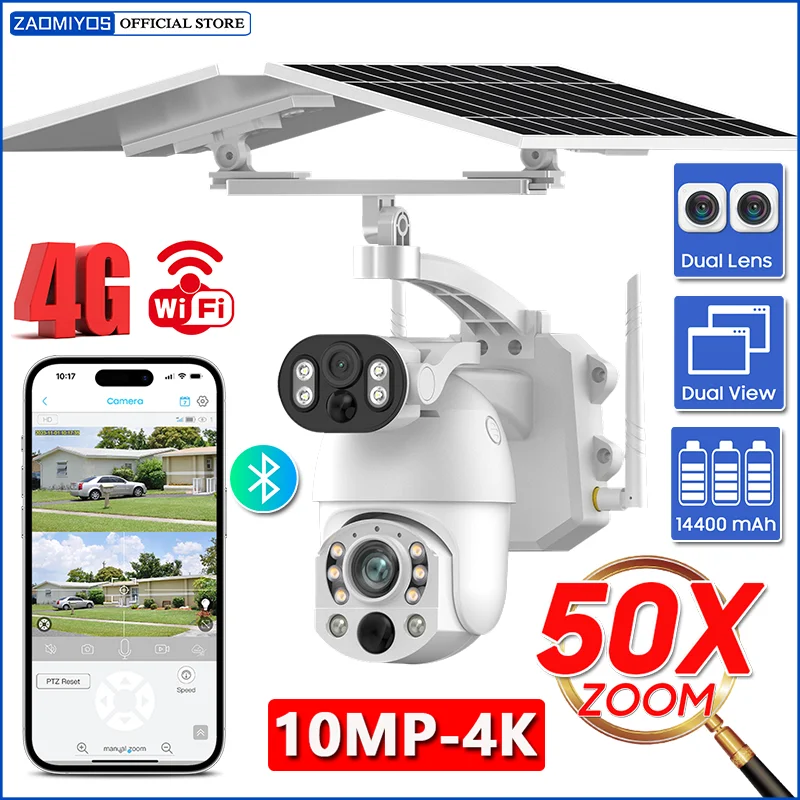 4K 4G Solar Camera WiFi Dual Screen Security PTZ Surveillance 50X Optical Zoom Outdoor Motion Detection Night Vision CCTV IP Cam