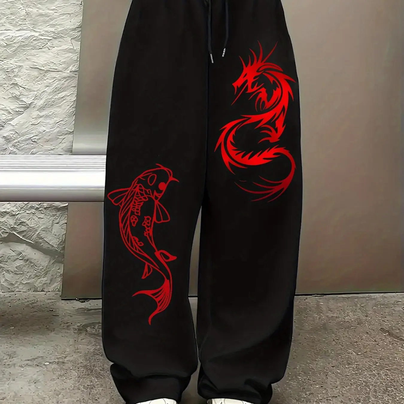 China-Chic Dragon Carp Pattern Printing, Casual Sports Straight Pants, Elastic Waist Drawstring Wide Leg Trousers for Women
