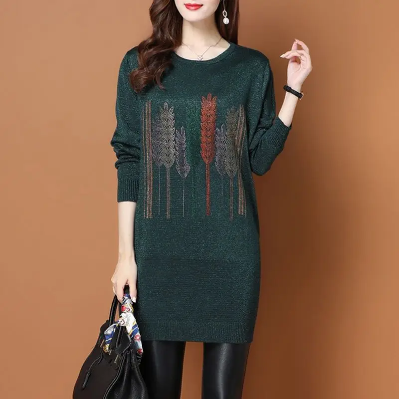 Elegant Fashion Autumn Winter New Knitted Printed Mid-length Sweater Women Pullover Female Casual Comfortable Slim Clothes 2022