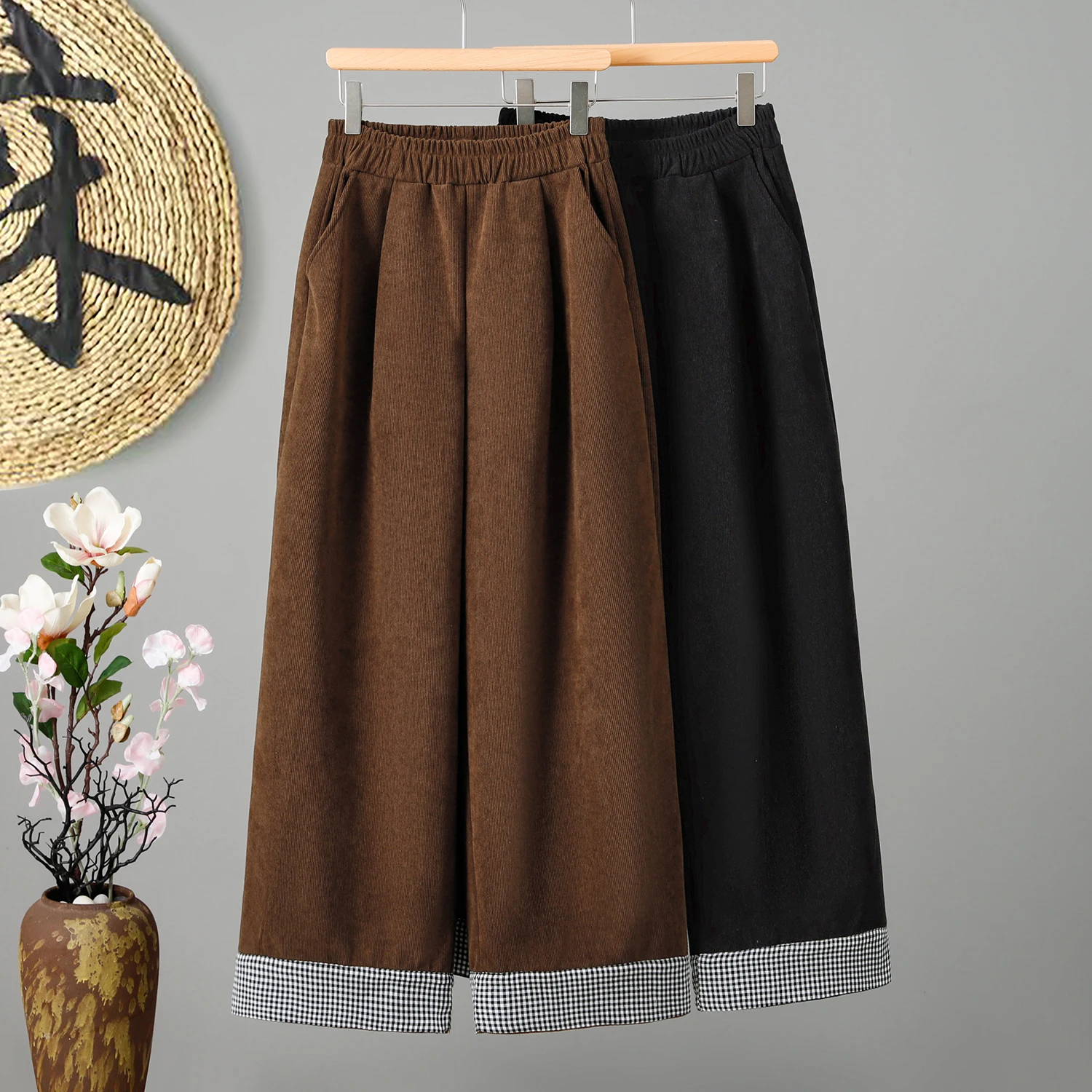 กางเกงขายาวทรงตรงผ้าลูกฟูกสไตล์วินเทจใหม่สำหรับฤดูหนาว ทรงหลวมสบายๆ เอวสูง ผ้าฝ้ายผสมโพลีเอสเตอร์