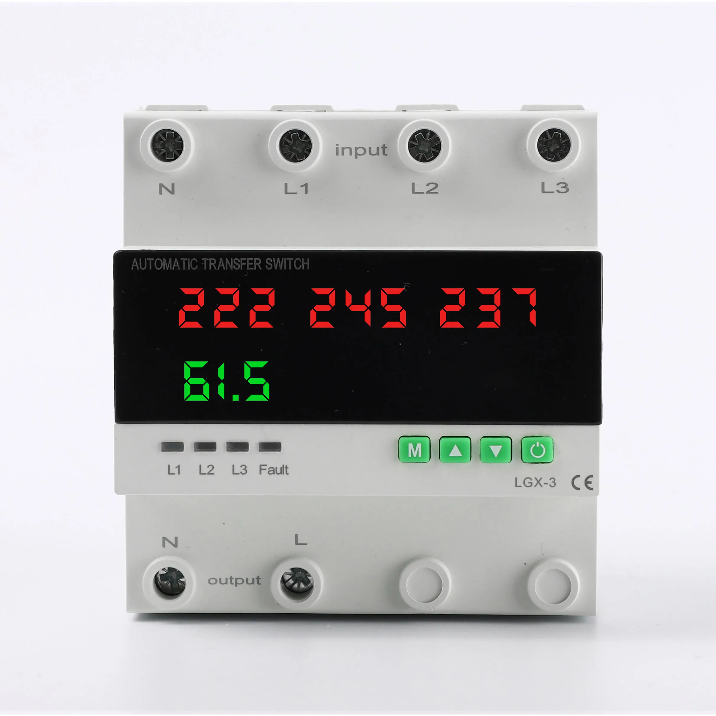 3-phase overvoltage, undervoltage, overcurrent, phase loss protector, current limiter with adjustable delay 63A, overload 380V