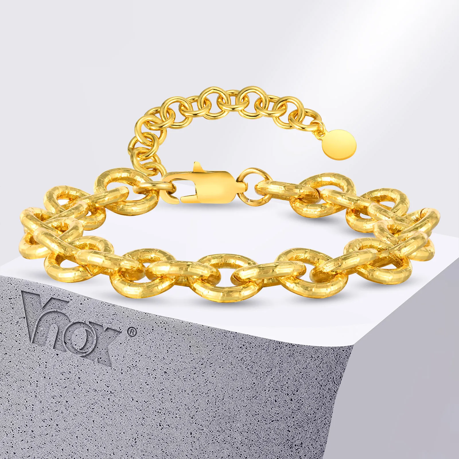 Vnox Chain Bracelets For Women,14k Gold Plated Circular Tail Nameplate Classic Bracelets,Fashion Jewelry With 5cm Extend Chain