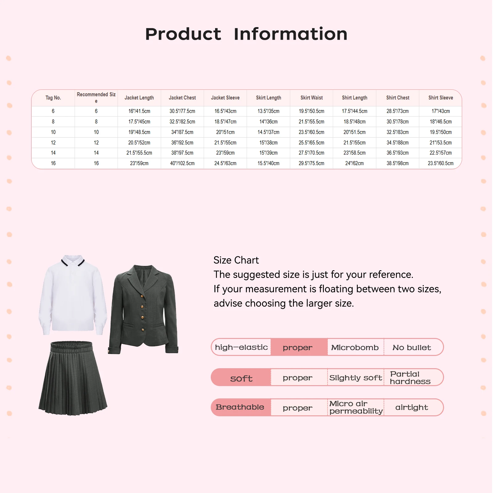 3Pcs Kids Girls School Uniform Lapel Button Down Suit Jacket with Pleated Skirt And Turn-Down Collar Long Sleeve Pullover Shirt