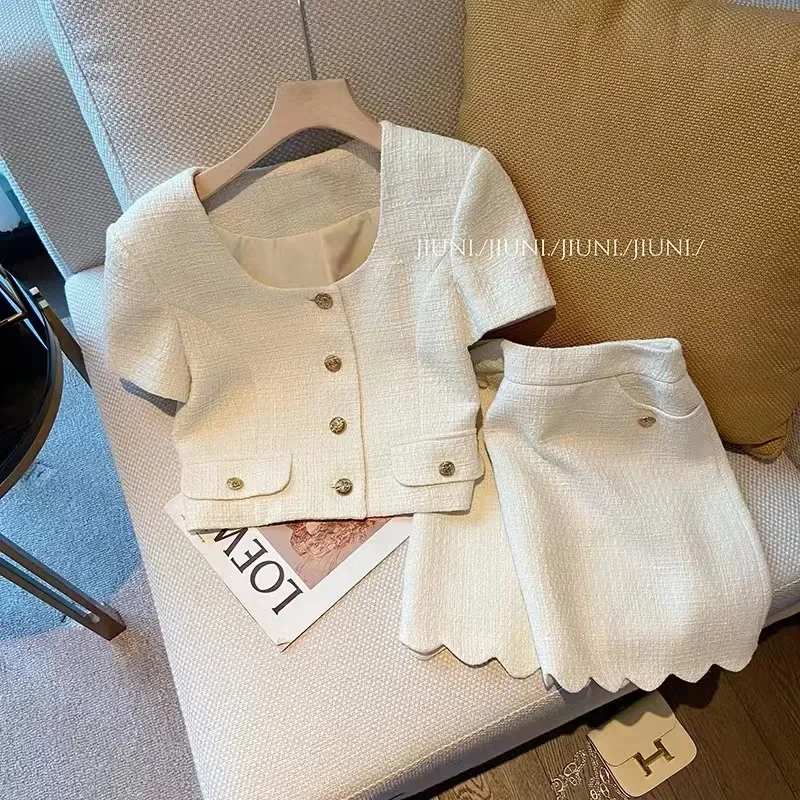 

Ladies Vintage Fragrance White Korea Suit Metal Button Top+A Line Skirt Two Piece Set Matching Outfit Female Prom Party Clothing