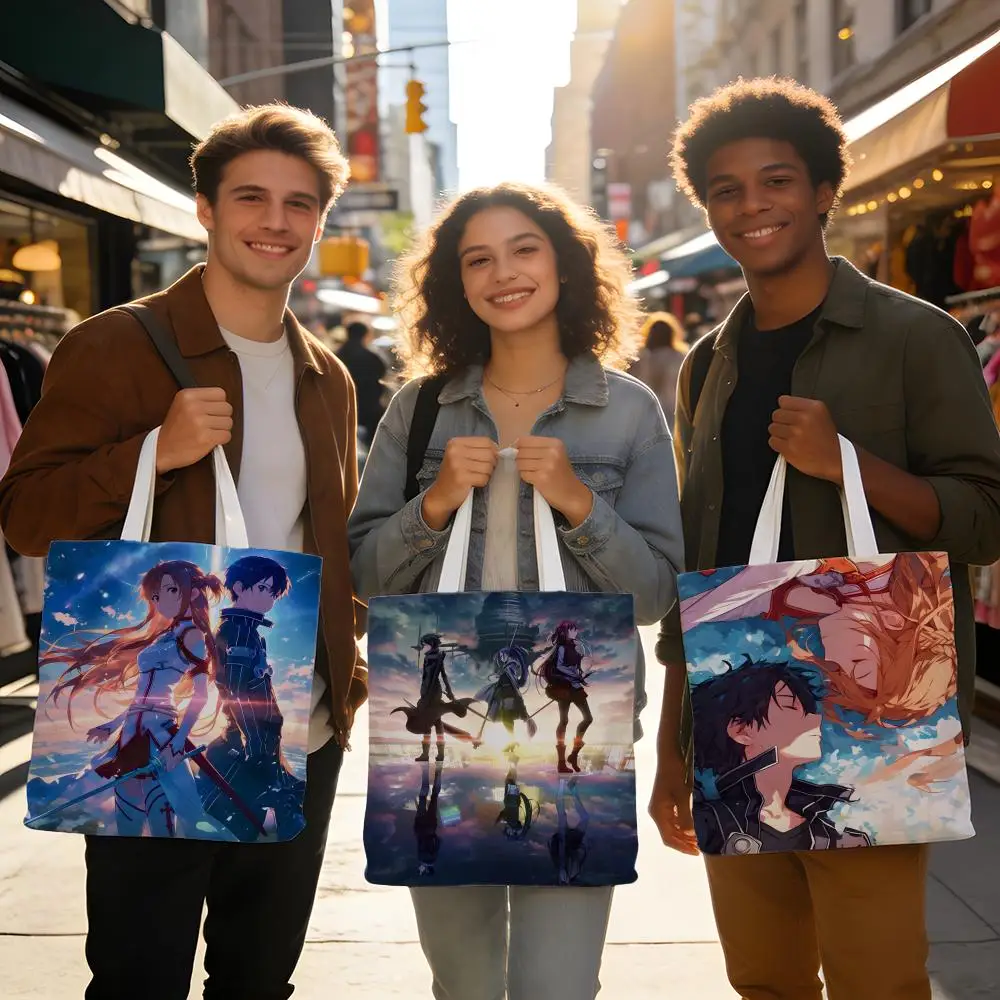 Bolsas de almacenamiento de doble cara, grandes, lavables, unisex, reutilizables, para compras en el mercado, escuela, uso diario, S-Sword Art Online