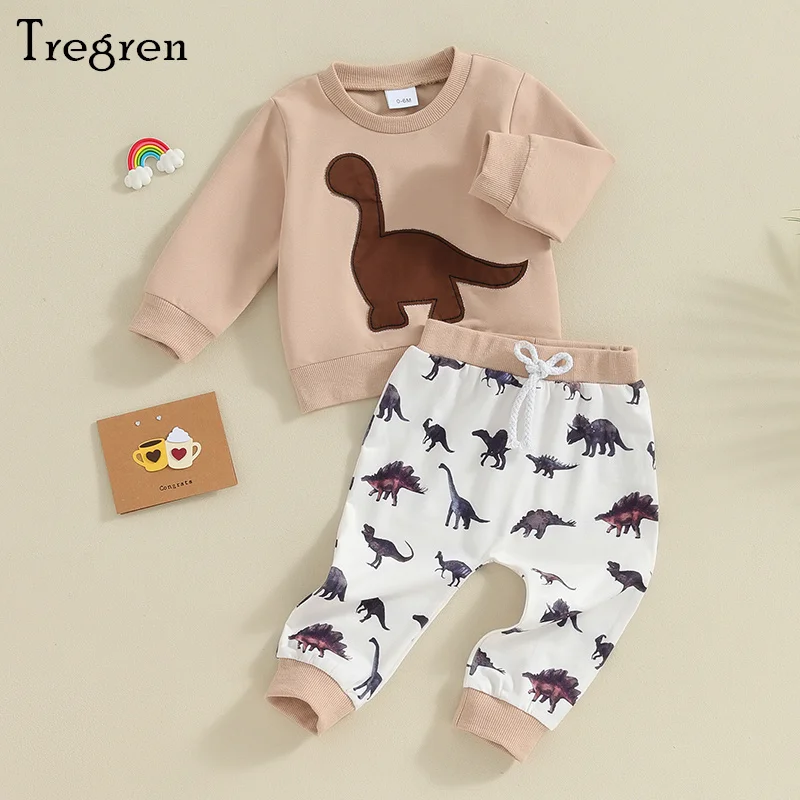 

Tregren 0-3Y Toddler Boys Spring Autumn Clothes Cartoon Dinosaur Pattern Long Sleeve Sweatshirt and Pants Infant Baby Outfits