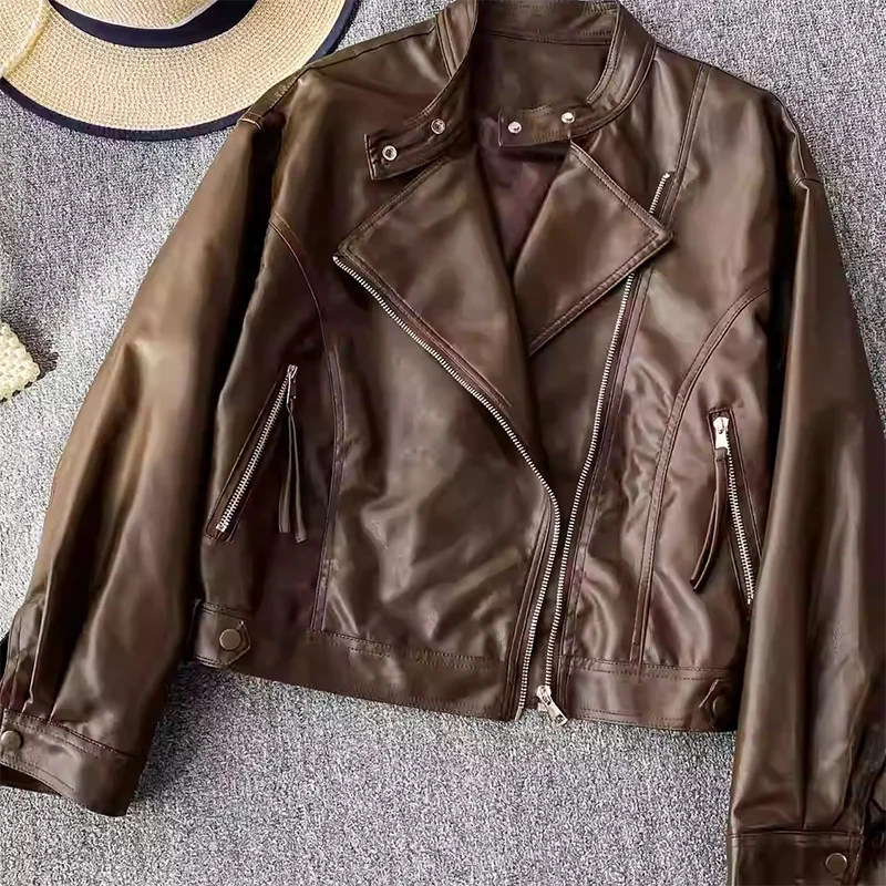 

Solid Colour Pu Leather Jackets Women Daily Commuter Zipper Stand Collar Jacket Fashion Chic Motorcycle Coat Travel Outerwear